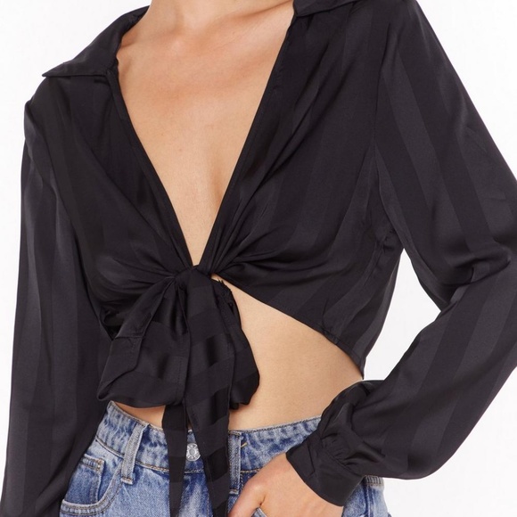 Nasty Gal Stripe Down to It Satin Tie Shirt - Picture 3 of 3